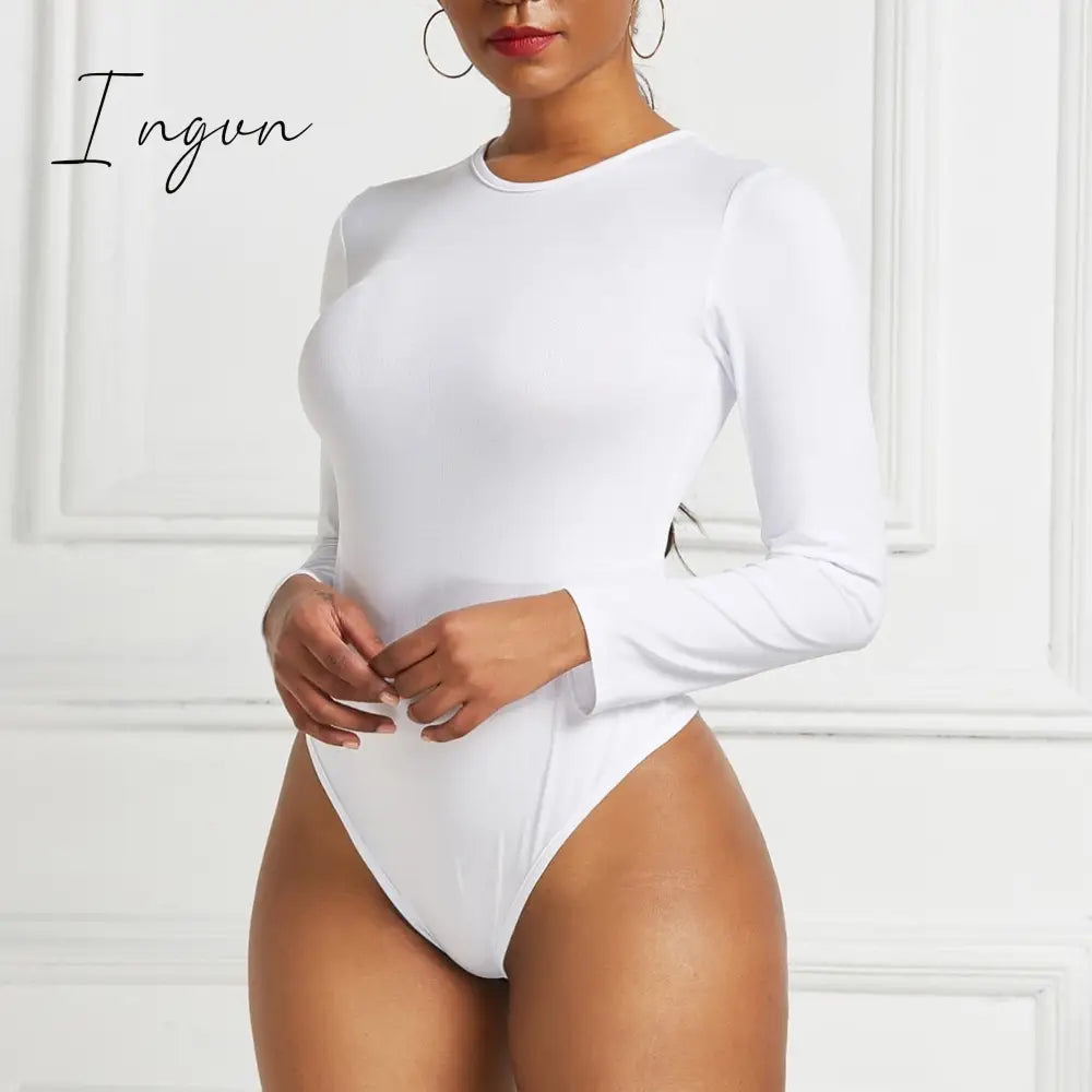 Ingvn - Sexy One Piece Bodycon Bodysuit Short Sleeve O Neck Open Basic White Black Red Overalls Women Body Top Skinny Rompers Female