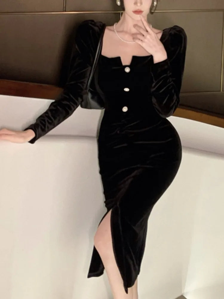 Sexy Vintage Velvet Black Dress for Women Autumn Long Sleeve Bodycon Evening Party Dresses Female Fashion Chic Prom Vestidos