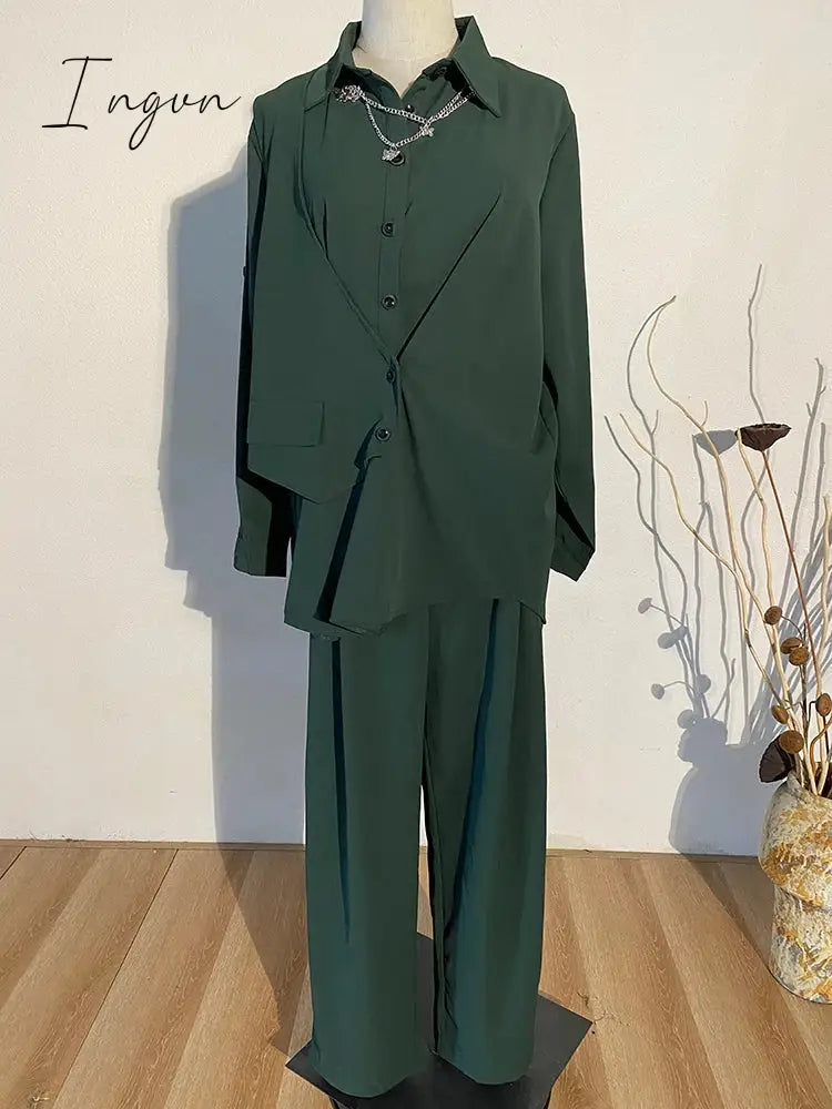 Ingvn - Wide Leg Pants Irregular Big Size Two Piece Suit New Lapel Long Sleeve Loose Fit Women Fashion Spring Autumn