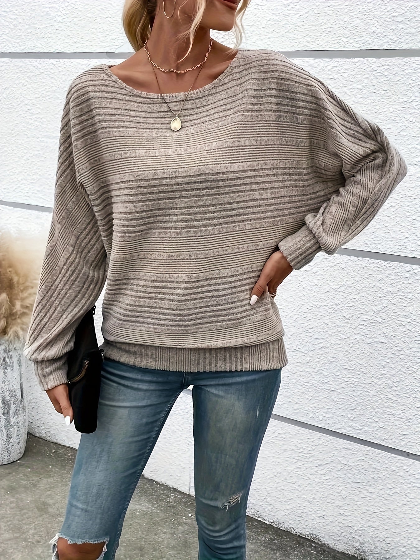 Solid Crew Neck Pullover Sweater, Casual Batwing Sleeve Loose Sweater, Women's Clothing