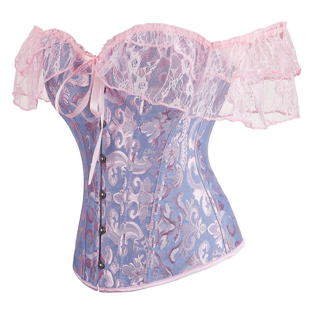 Voguable Womens Bustier Overbust Corselet Lace Up Short Sleeve Sheer Corset Bluse Costume Crop Top