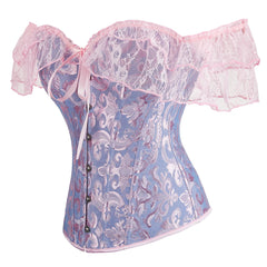 Voguable Womens Bustier Overbust Corselet Lace Up Short Sleeve Sheer Corset Bluse Costume Crop Top