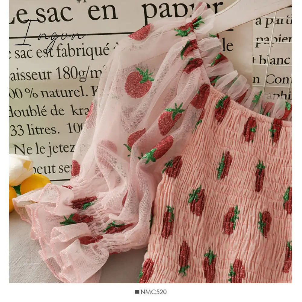 Ingvn - Strawberry Dress Women French Style Lace Chiffon Sweet Dress Casual Puff Sleeve Elegant Printed Kawaii Dress Women New