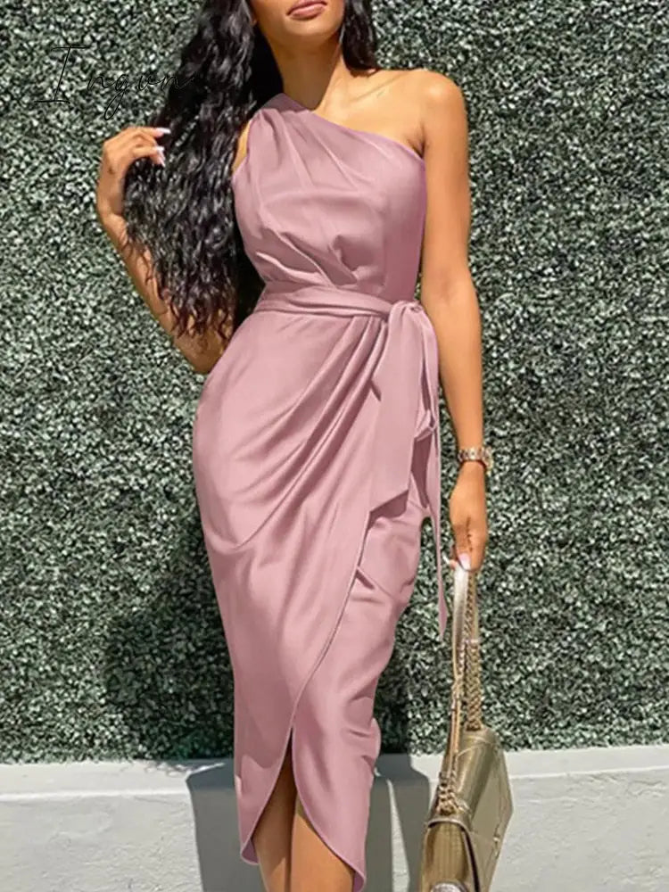 Ingvn - Office Elegant V Neck Strap Long Dress Women Sexy Sleeveless Irregular Party Dress Fashion Tie-up Wrap Solid Satin Maxi Dresses
