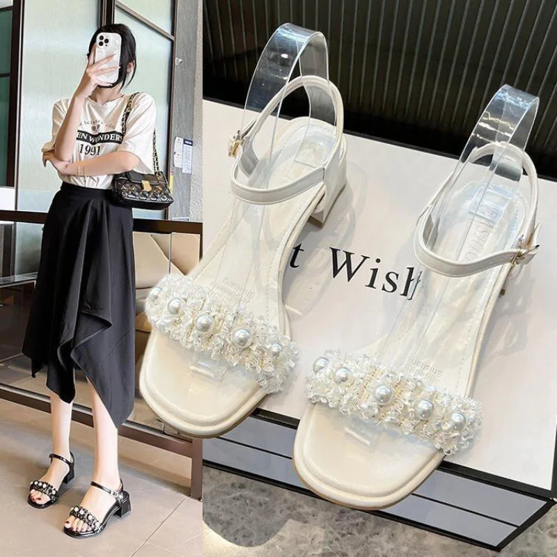 Sandals for Woman Thick Heel Block Women's Shoes Leather Summer One Word Open Toe Footwear Chunky Vip Sandal The Best