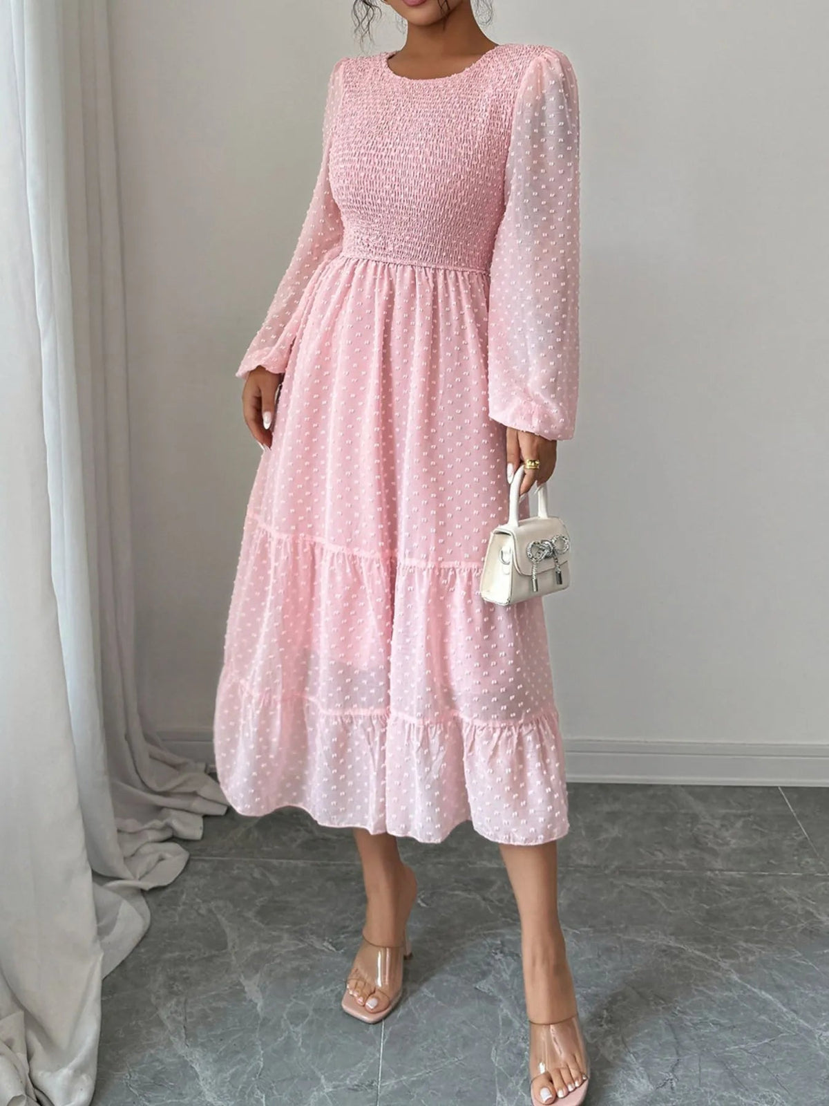 Polka Dot Long Sleeve Tiered Midi Dress