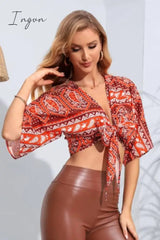 Ingvn - Printed Tie Front Cropped Dolman Sleeve Blouse
