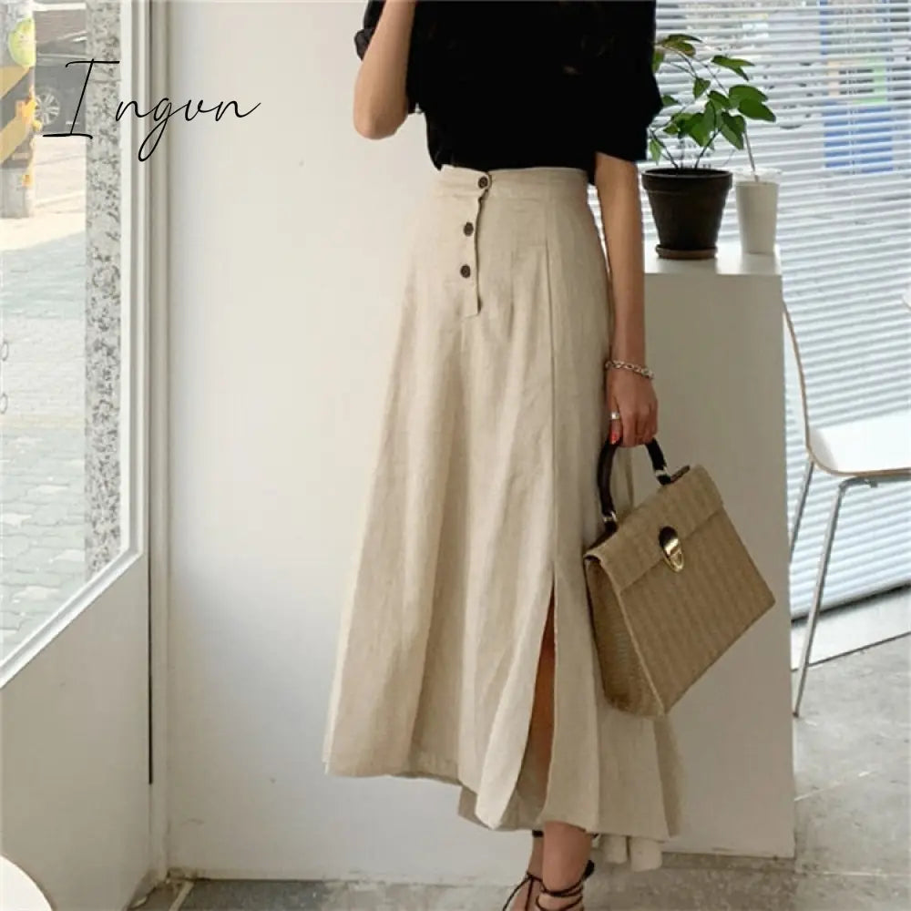 Ingvn - New Vintage Elastic Waist Buttons Irregular Chic Cotton and Linen Split Spring Summer Women's Long Skirts SK8560