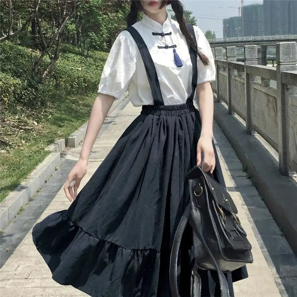 Ingvn - Spring Midi Skirt For Women Spring Summer Japanese Style Kawaii Lolita Skirt Teens Soft Girl High Waist Ruffles Suspender Skirts rok