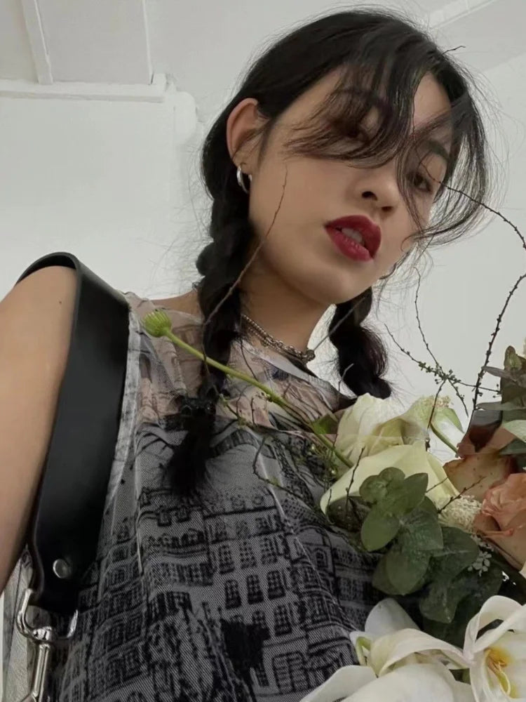 Summer Korean Fashion See Through Women Dress Y2k Aesthetic Newspaper Print O Neck Dresses Harajuku Vintage Sleeveless Vestidos
