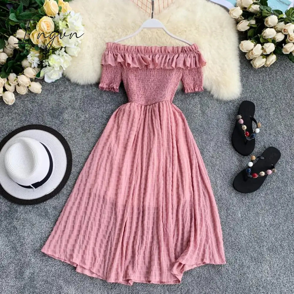 Ingvn - OCEANLOVE Women Summer Dresses Plaid Slash Neck Off Shouder Solid Vestidos Ruffles A-line High Waist Dress Robe Femme 11767