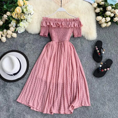 Ingvn - OCEANLOVE Women Summer Dresses Plaid Slash Neck Off Shouder Solid Vestidos Ruffles A-line High Waist Dress Robe Femme 11767