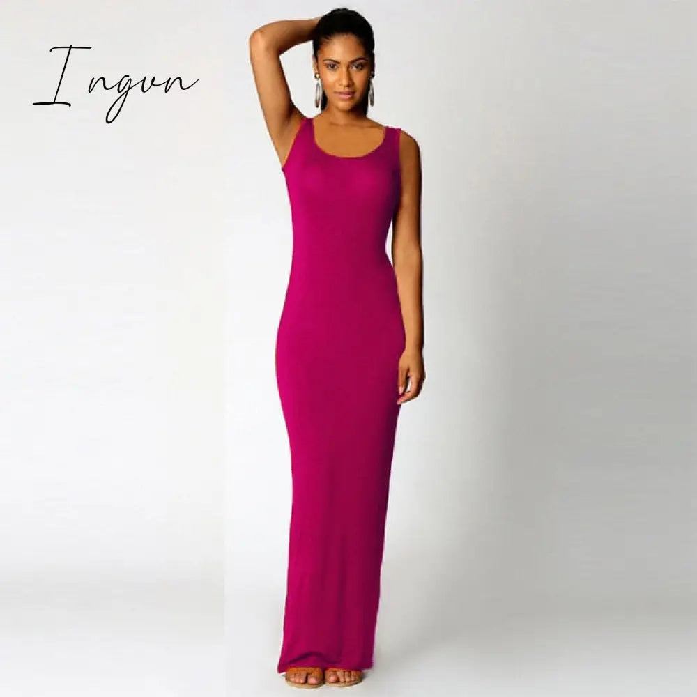 Ingvn - High Stretch Tank Robe Spring Summer Thin Long Dress Vestidos Elegant Women Sexy Dress O-neck Sleeveless Slim Maxi Dress