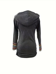 Trendy Stripe Hoodie with Button Accent - Long Sleeve Splicing Design - Cozy Casual Wear for Women