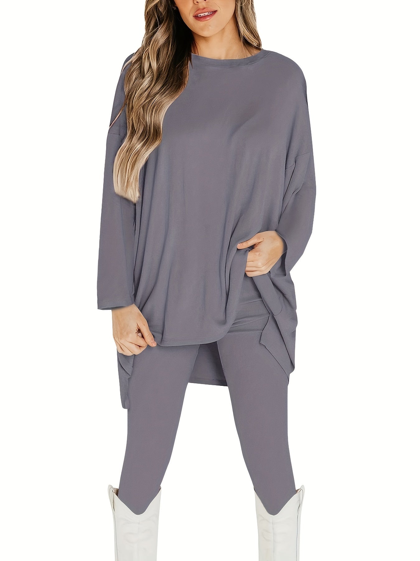 Plus Size Casual Outfits Set, Women's Plus Solid Long Sleeve Round Neck Oversized Top & Leggings Outfits Two Piece Set