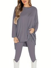 Plus Size Casual Outfits Set, Women's Plus Solid Long Sleeve Round Neck Oversized Top & Leggings Outfits Two Piece Set