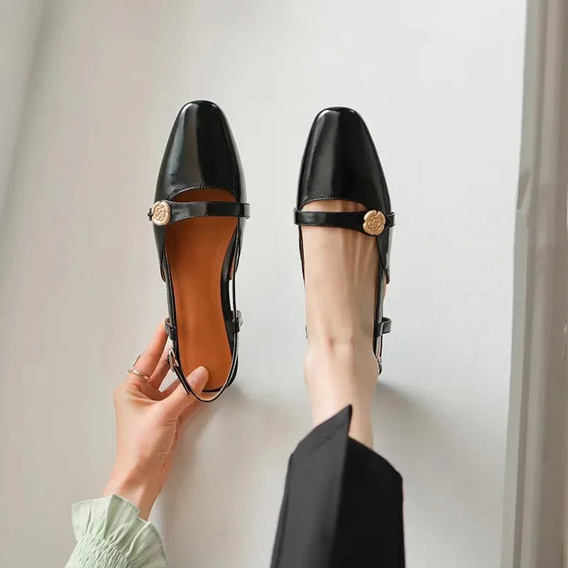 Women's Retro Soft Leather Chunky Heel Design Mary Jane Sandals Spring New Pointed Toe Women PU Leather Comfort Single Shoe