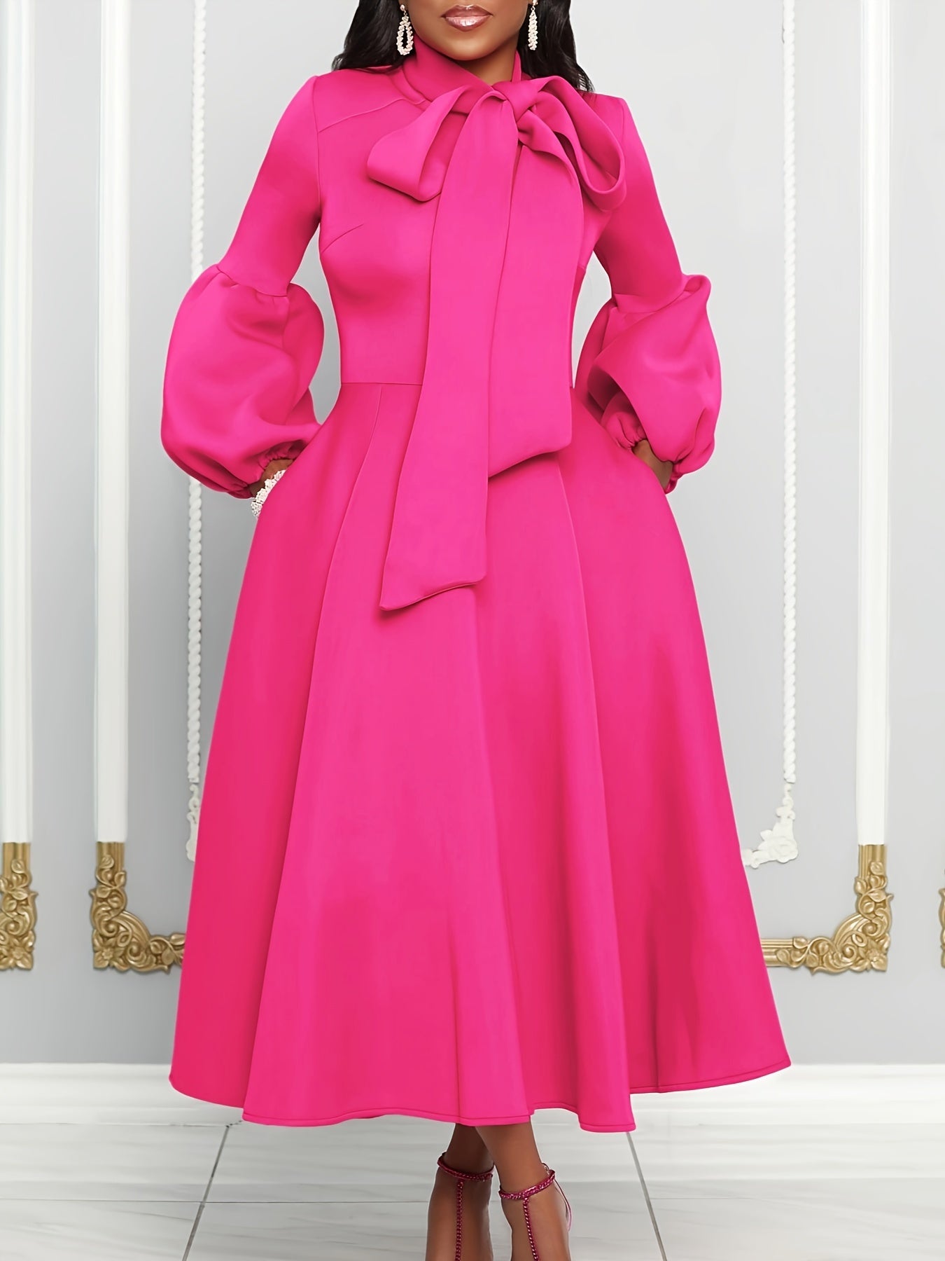Solid Color Tie Neck Aline Dress, Elegant Ruffle Trim Lantern Sleeve Dress For Spring & Fall, Women's Clothing