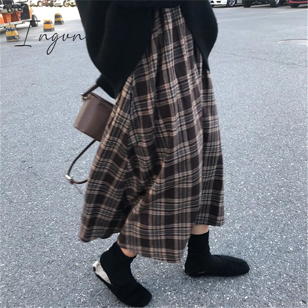 Ingvn - Japanese Rainbow High Waist A-Line Wool Plaid Skirt Female Students Preppy Style Wild Midi Skirt Women Autumn Long Skirt