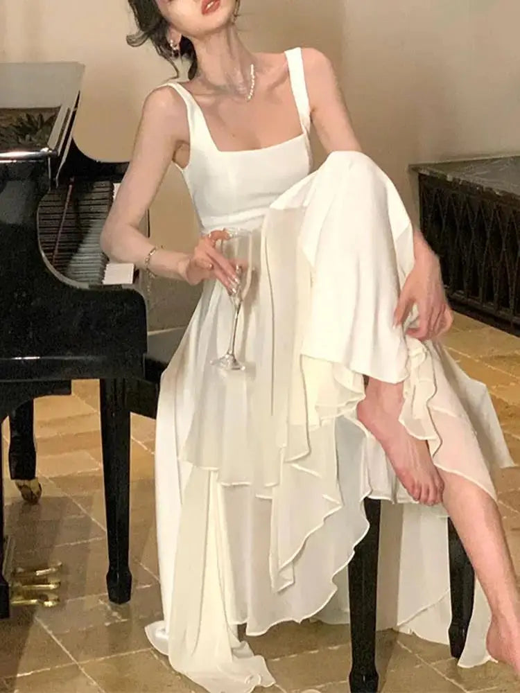 Ruffles Evening Party Dress for Women Elegant Sleeveless Square Collar A Line Solid Summer Prom Robe Korean Vestidos