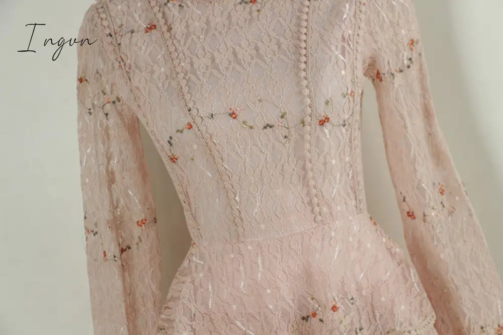 Ingvn - Pink Lace Embroidery Maxi Dress Female spring Winter Full sleeve high waist Ruffle elegant Long party dresses Woman