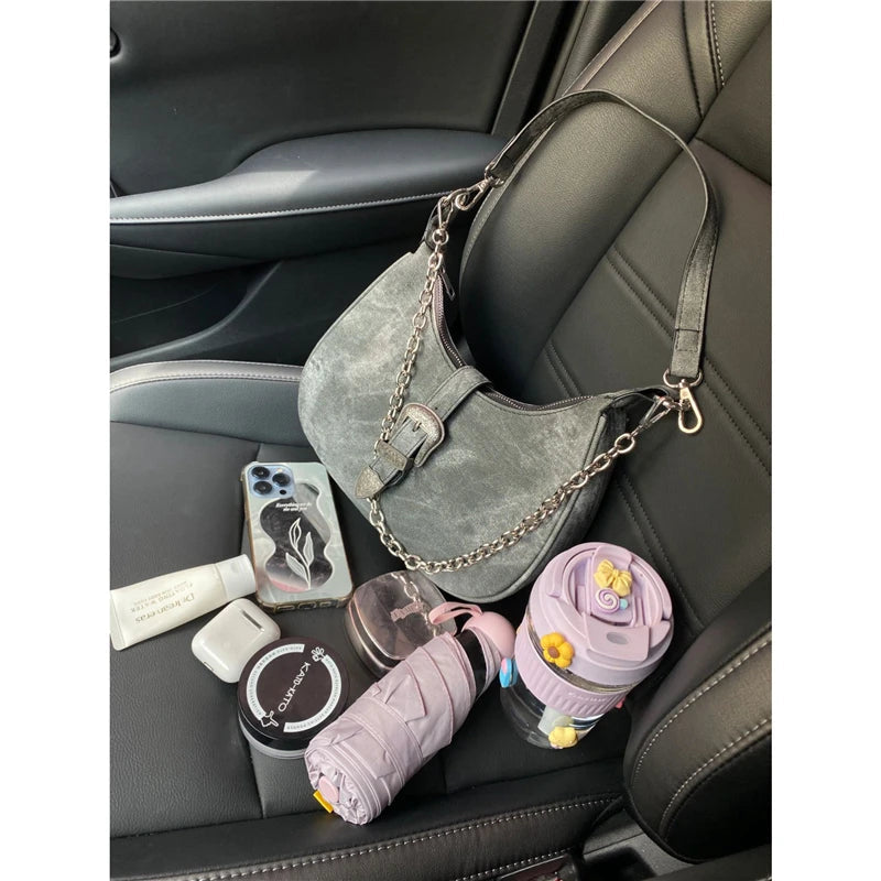 Ingvn  Retro Black Women's Small Shoulder Bag Fashion Half Moon Female Underarm Bag Chain Design Ladies Tote Purse Portable Handbag