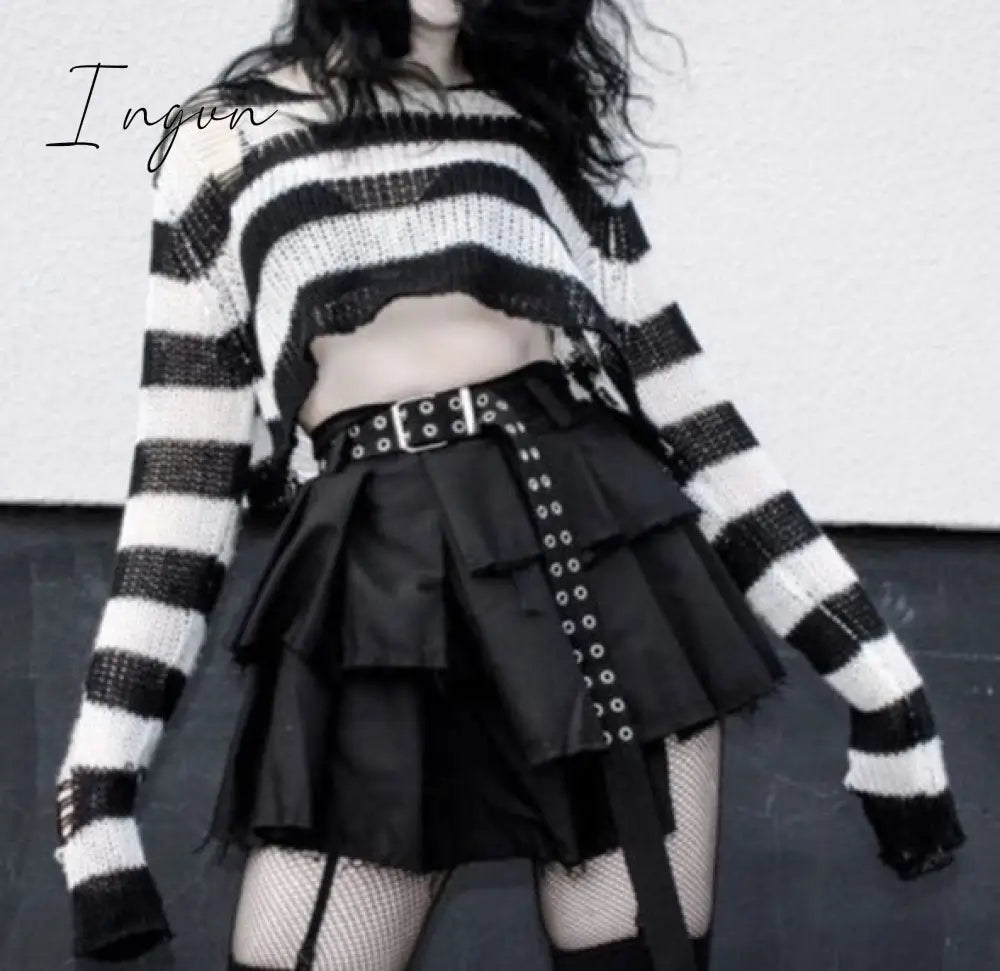 Ingvn - Punk Gothic Long Unisex Sweater  Summer Women Striped Cool Hollow Out Hole Broken Jumper Loose Rock Thin Dark Streetwear Top