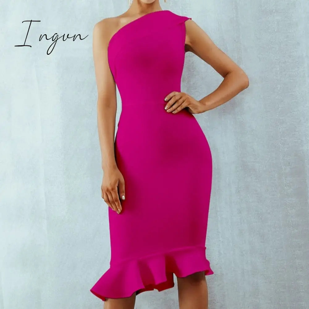 Ingvn - New Summer Women Bandage Dress Sexy One Shoulder Sleeveless Ruffles Nightclub Celebrity Evening Party Mermaid Dresses