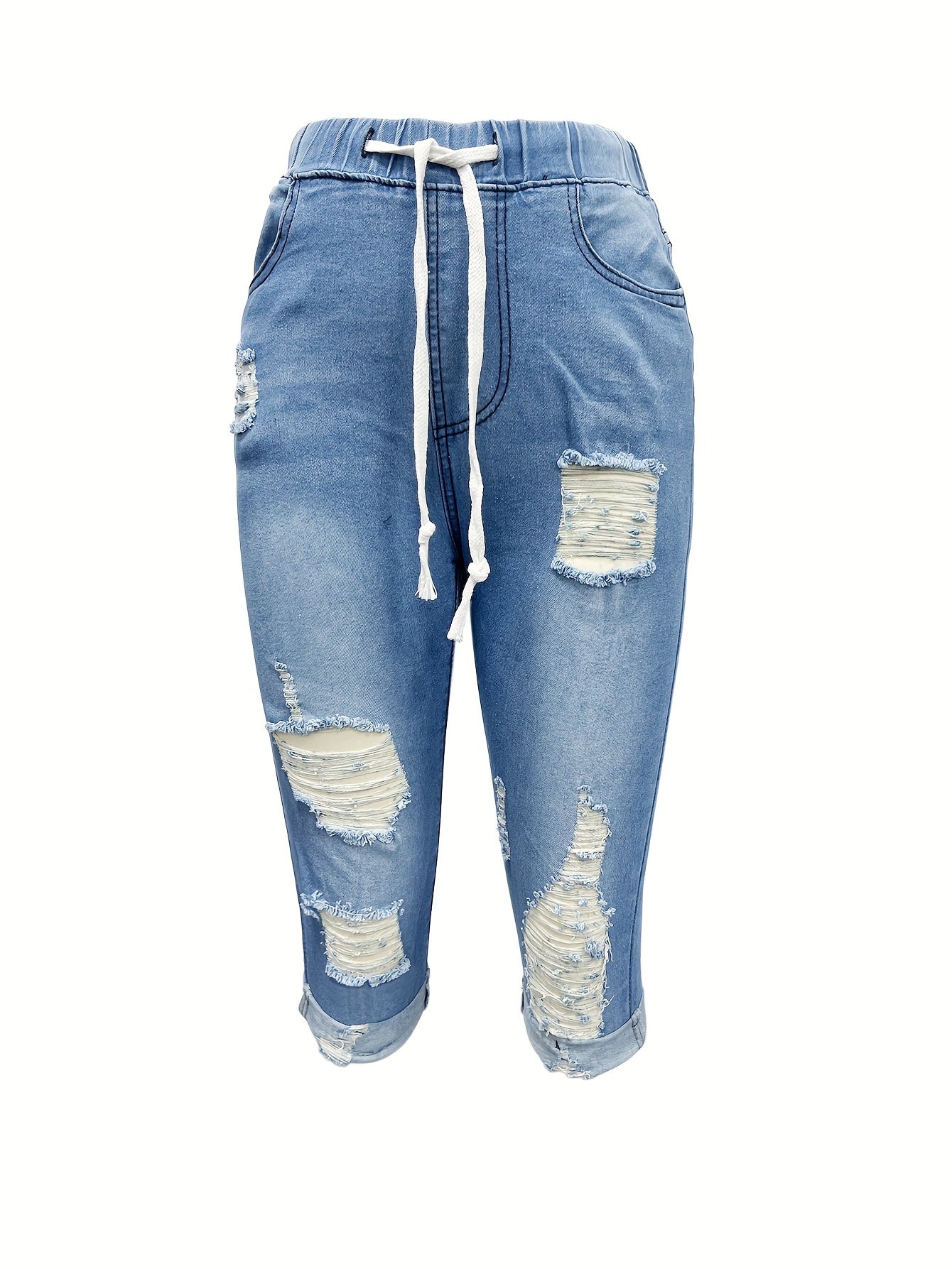Mid-Calf Beach Distressed Denim Capri Pants - Elastic Waist with Drawstring, Casual Slim Fit, Street Style Fashion, Comfortable Soft Fabric, Easy to Move, Perfect for Summer, Outdoor Activities, and Daily Wear
