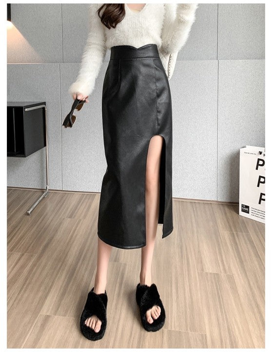 Midi Split PU Leather Skirt Women Autumn Winter Black Sexy Bodycon Fashion Party Ladies Pencil Skirts Ladies Pocket