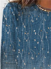 Ingvn - Women's T shirt Tee Blue Floral Print Long Sleeve Holiday Weekend Basic Round Neck Regular Floral Painting