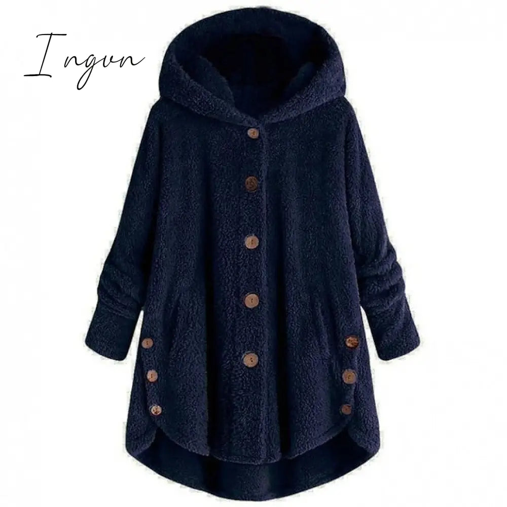 Ingvn - Women's Fleece Jacket Pullover Sherpa Fleece Teddy Button Front Pocket claret turmeric Black Solid Color Street Hoodie Plus Size Long Sleeve Fleece