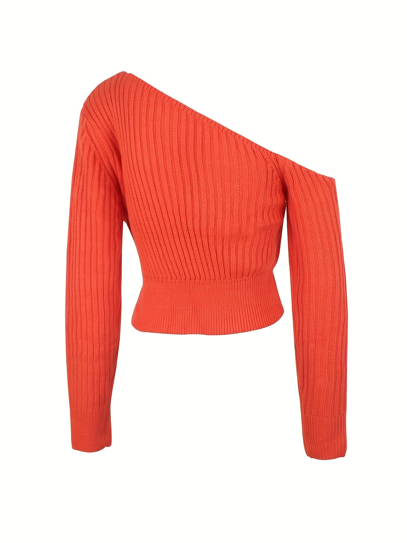 Ribbed Asymmetrical Neck Knit Crop Sweater, Sexy Cold Shoulder Long Sleeve Pullover Sweater, Women's Clothing