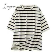 Ingvn - Women Striped Cotton T Shirt Short Sleeve O Neck Tees Ladies Casual Tee Shirt Street Wear Top 6L42