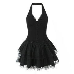 French Style Retro Spicy Girl Halter Mini Black Dress Women Fashion Backless Lace Spliced Bow Sexy Dresses Summer Robe