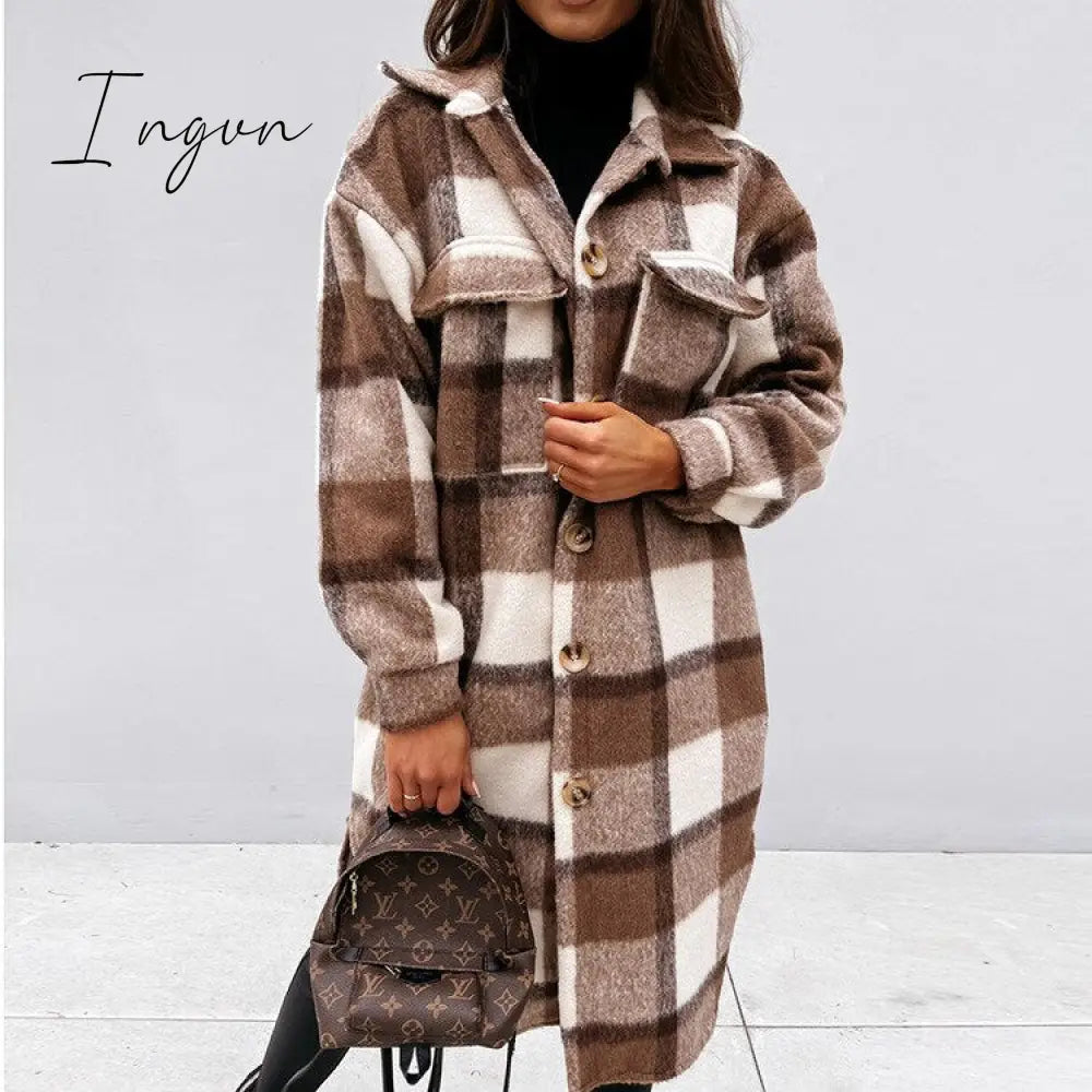 Ingvn - Women Plaid Printed Warm Jacket Autumn Winter New Fashion Casual Long Overcoat Pop Lapel Lady Single Breasted Shirt Coats