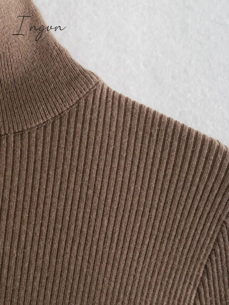 Ingvn - Vintage Elegant Brown Sheath Rib Dress Women Fashion Side Open Half Turtleneck Long Dresses Female Chic Vestidos