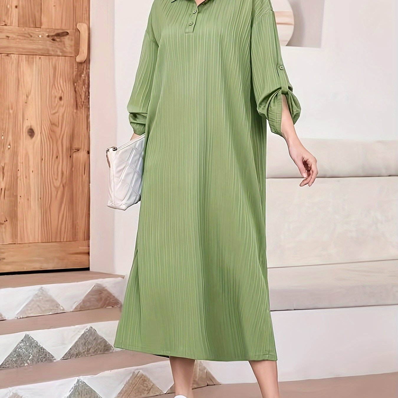 Elegant Women's Solid Textured Half Button Collared Midi Dress with Adjustable Long Sleeves for Spring & Fall