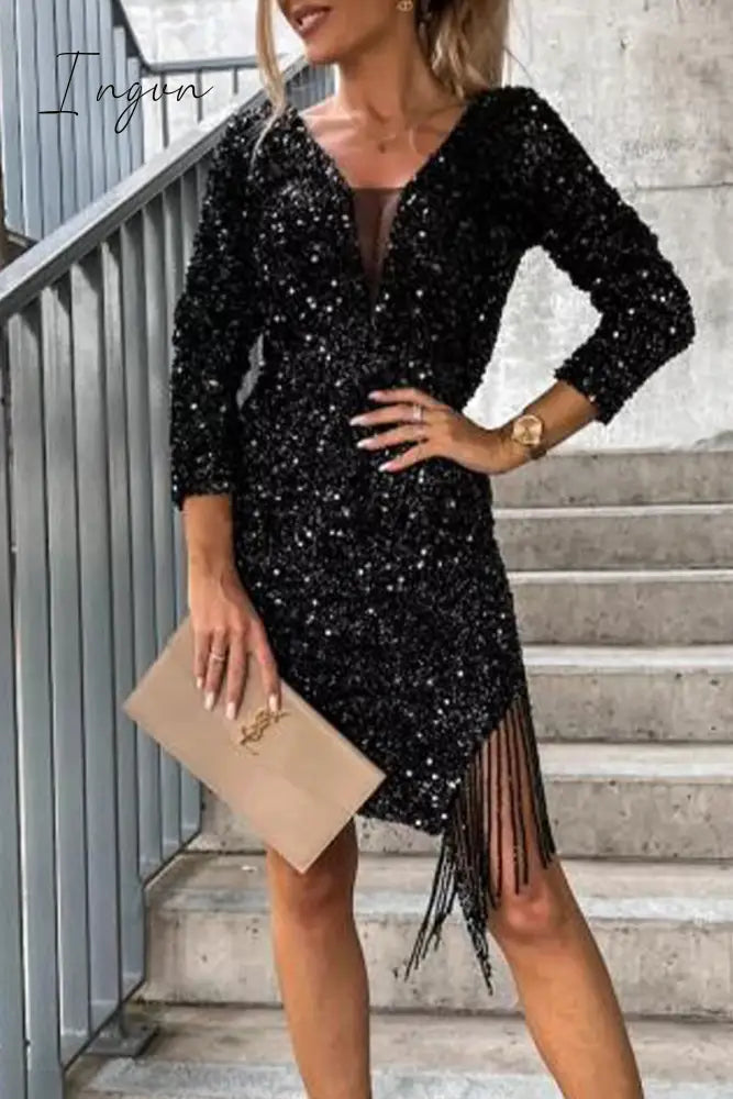 Ingvn - Elegant Solid Tassel V Neck One Step Skirt Dresses