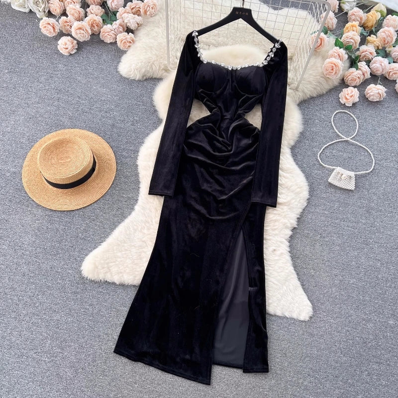 Autumn Sexy Bodycon Evening Party Dress Women Velvet Diamonds Prom Robe Ladies France Vintage Split Mermaid Vestidos Mujer New