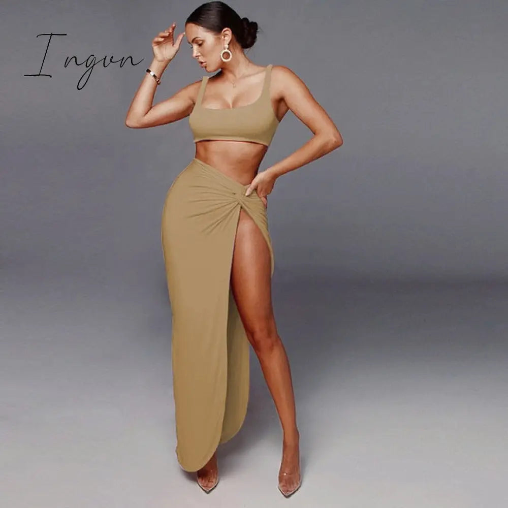 Ingvn - Sexy Party 2 Piece Set Women Plus Size Crop Top Twist Side Split Long Skirts Matching Sets Club Two Piece Outfits