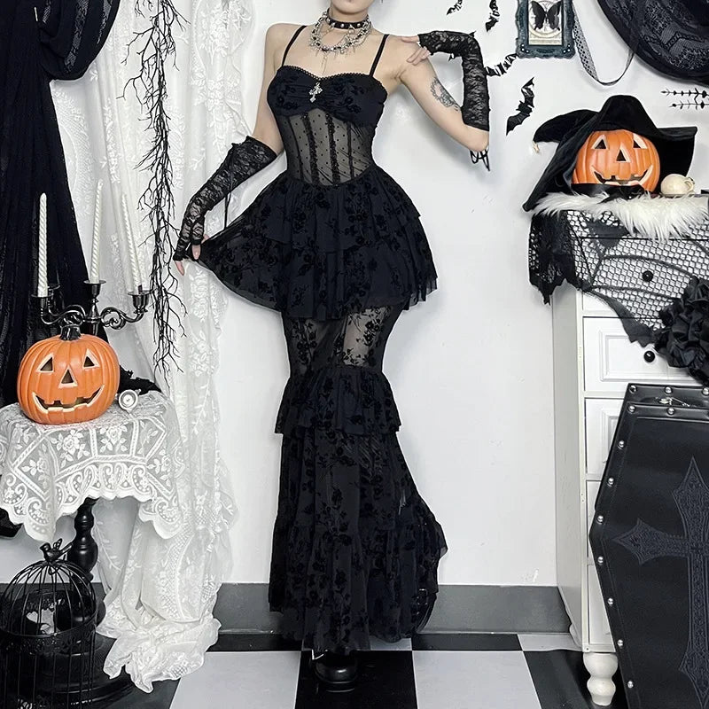 Gothic Dress Autumn New Sexy Long Dress Halloween Dark Style Elegant Mesh Strap Dress for Women