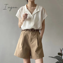 Ingvn - Summer Wide Leg Shorts Women Office High Waist Suit Shorts Beige Oversize Loose Button Solid Classic Casual Shorts With Belt New