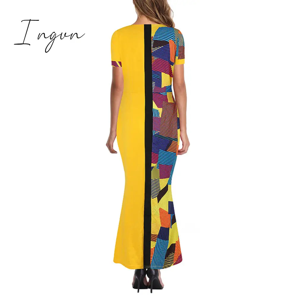 Ingvn - Ladies Fashion Half Sleeve Dress Women Elegant Round Collar Geometric Printing Splicing Temperament Maxi Dress For Ball Party