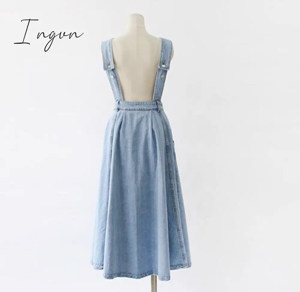 Ingvn - New Denim Dress Women Fashion Solid V Neck Sleeveless Backless With Button Pocket Mid Calf Cotton Strap Dress Office Lady