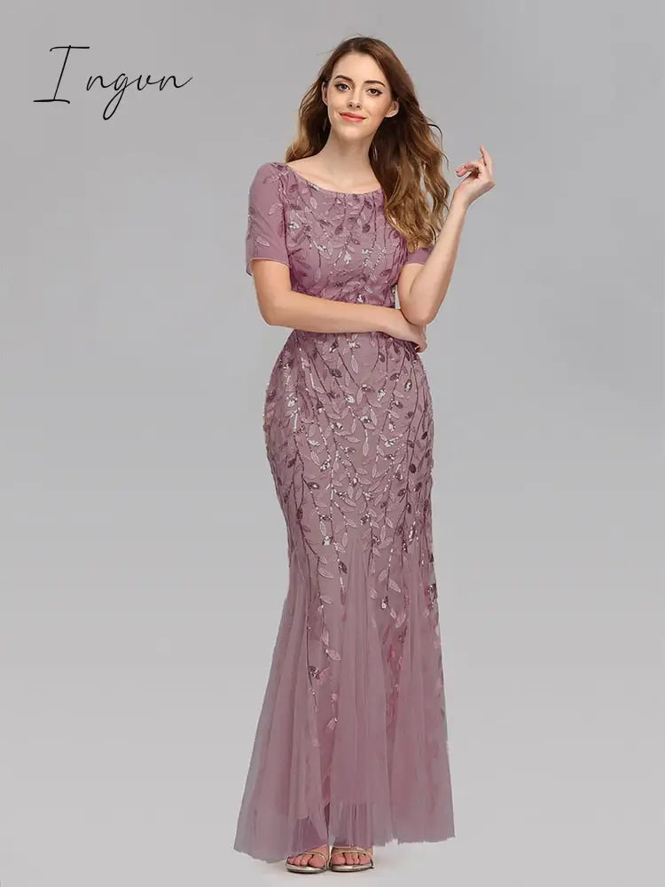 Ingvn - Plus Size Evening Dresses Mermaid O Neck Short Sleeve Lace Appliques Tulle Long Party Gown Robe Soiree Sexy Formal Dress vestido