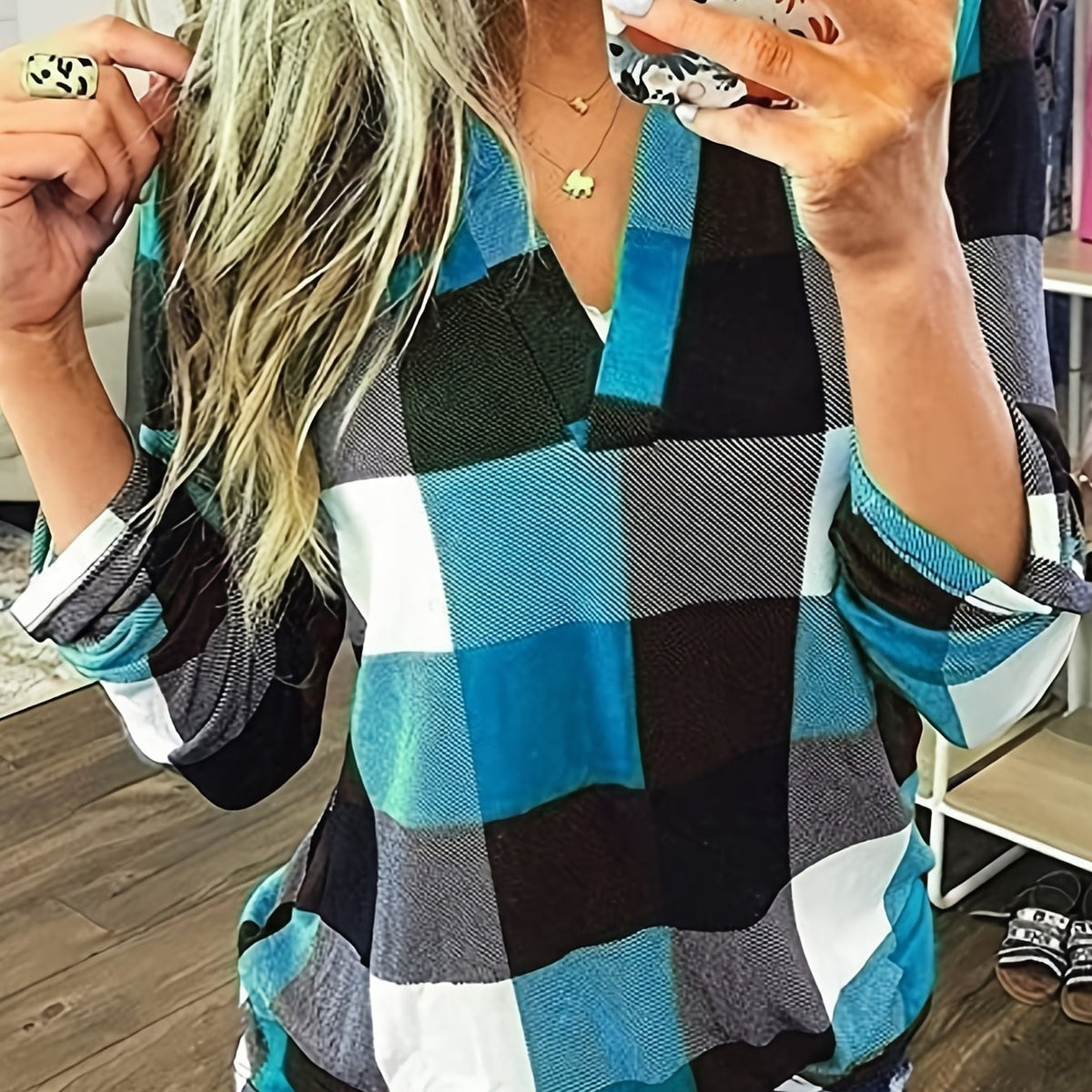 Casual Plaid Shirt, Long Sleeve V-neck Shirt, Casual Every Day Tops, Women's Clothing