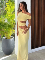 Hollow Sexy Maxi Dress Women Irregular Skinng Ruched Diagonal Collar Sleeveless Vacation Beach Party Fashion Vestidos