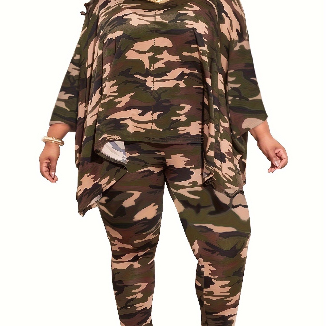 Plus Size Casual Outfits Two Piece Set, Women's Plus Leopard Print Bat Sleeve Round Neck Oversized Top & Pants Outfits 2 Piece Set