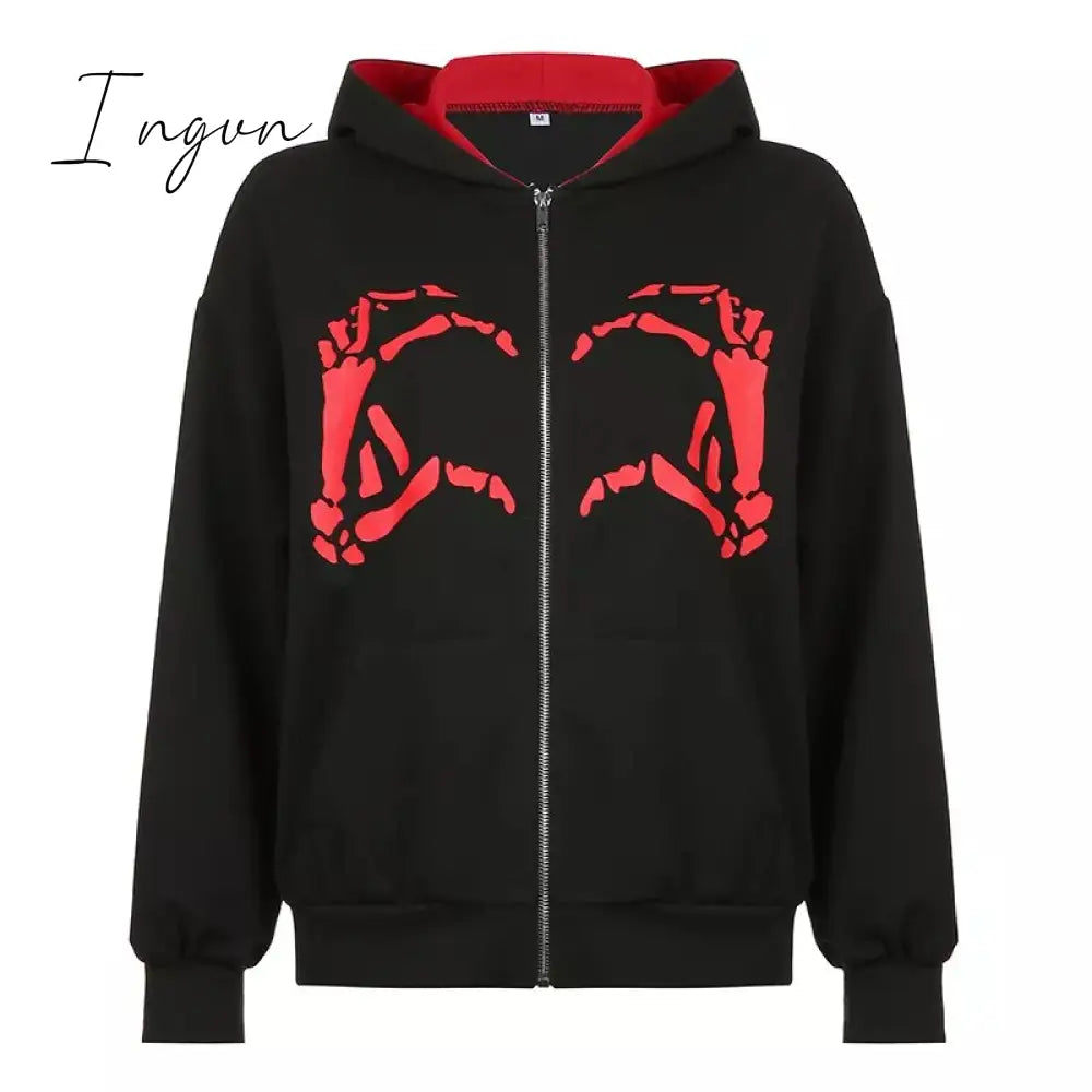 Ingvn - Spring Y2K Streetwear Women's Letter Embroidery Printing Punk Oversized Hoodie Women Hip Hop Couple Gray Zipper Sweatshirt Women